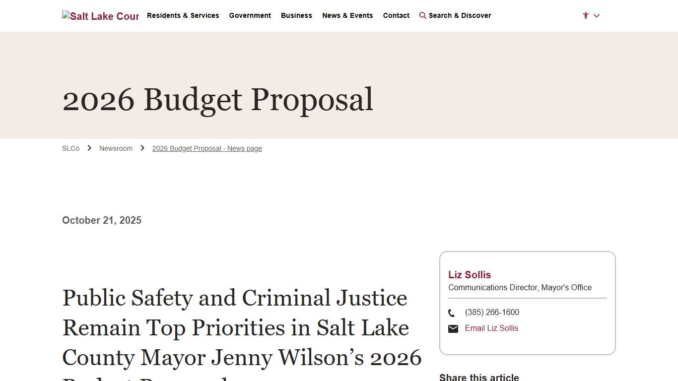 2026 Budget Proposal - News page - Newsroom | Salt Lake County