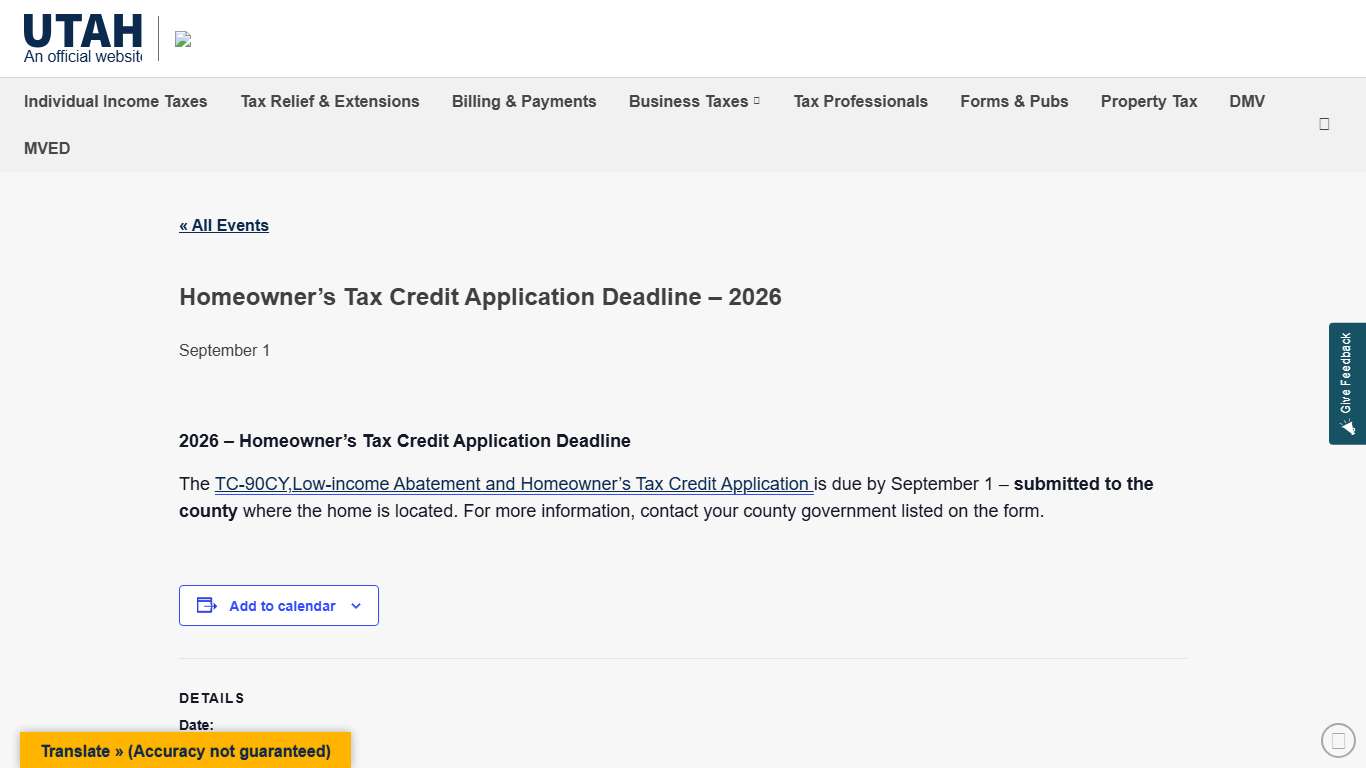Homeowner’s Tax Credit Application Deadline – 2026 | Utah State Tax Commission